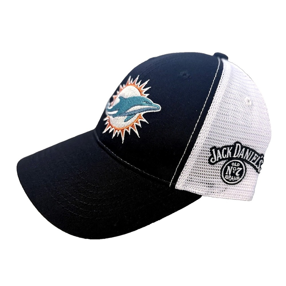 NFL Miami Dolphins x Jack Daniels Trucker Hat Snapback Cap Black White Mesh